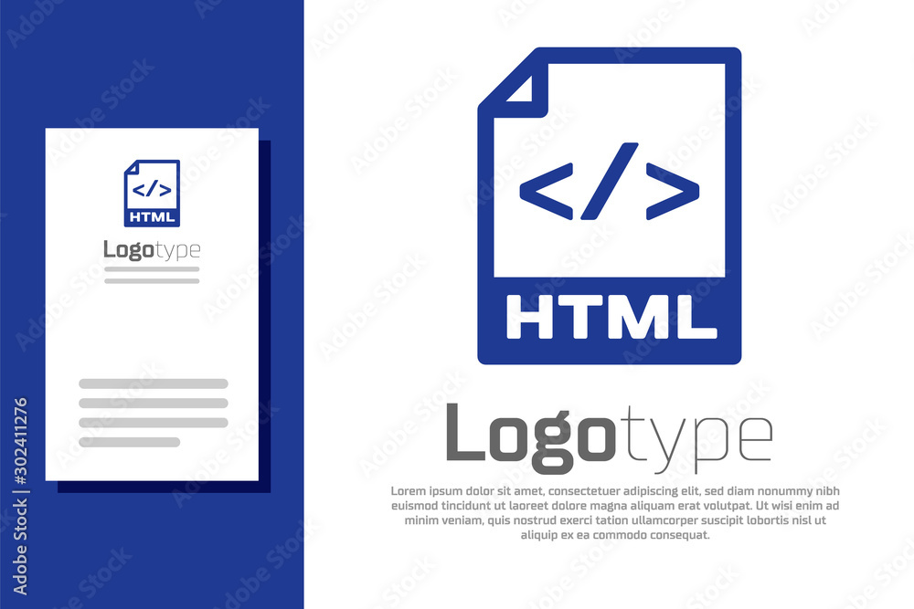Poster blue html file document. download html button icon isolated on white background. html file symbol. m