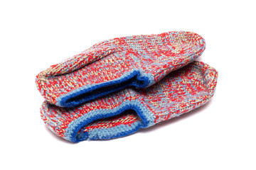 Woolen footsteps isolated on white background. Handmade knitwear.