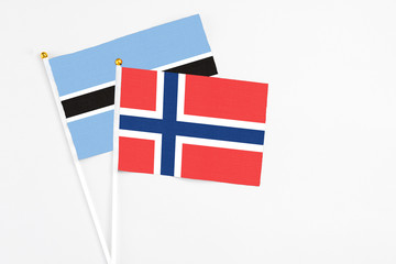 Norway and Botswana stick flags on white background. High quality fabric, miniature national flag. Peaceful global concept.White floor for copy space.