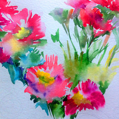 Abstract bright colored decorative background . Floral pattern handmade . Beautiful tender romantic bouquet of  summer wildflowers , made in the technique of watercolors from nature.