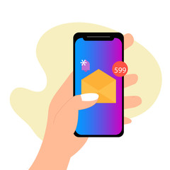 Illustration Hand holding smartphone with speech bubble, new message received isolated on white background