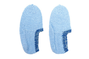 Woolen footsteps isolated on white background. Handmade knitwear.
