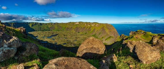 Whole Rano kau volcanic crater panorama from Orongo