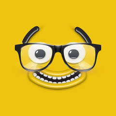 Cute emoticon face with eyeglasses on yellow background, vector illustration