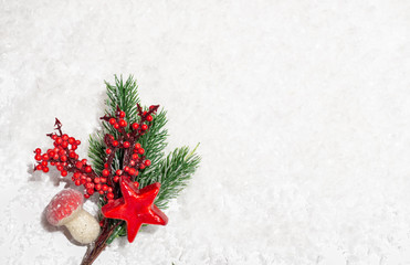Obraz na płótnie Canvas Christmas decoration, fir branch with berries and red star, copy space