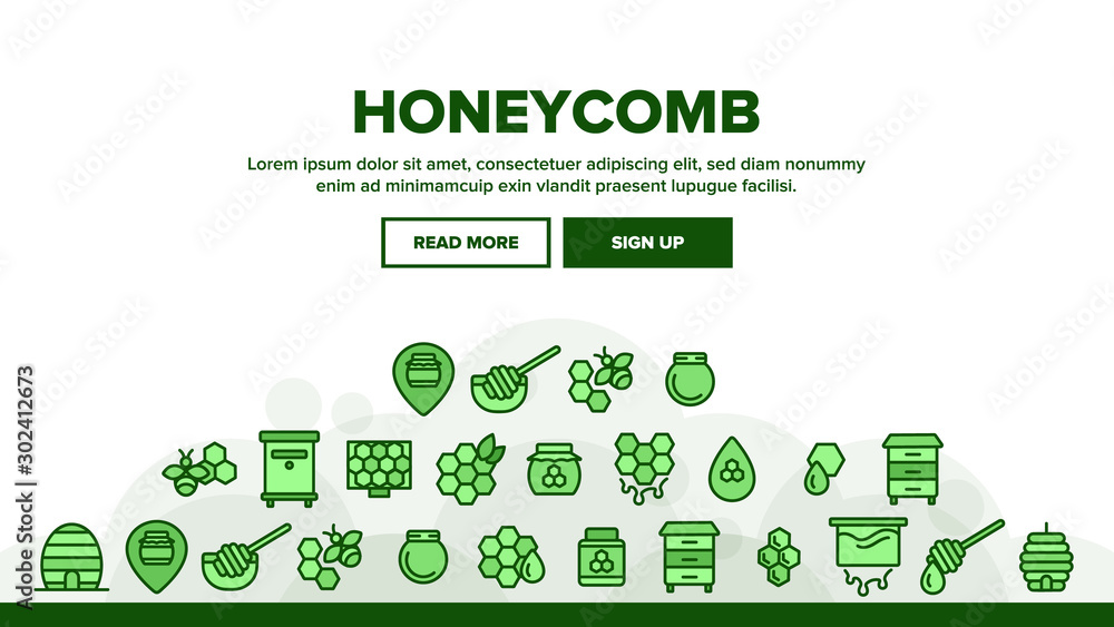Poster honeycomb landing web page header banner template vector. bee swarm, beekeeper and sweets, nectar an