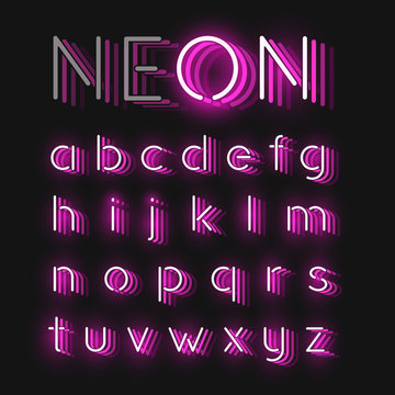 Pink neon character font set on black background with reflections, vector illustration
