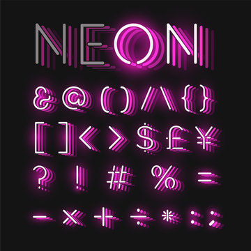 Pink neon character font set on black background with reflections, vector illustration
