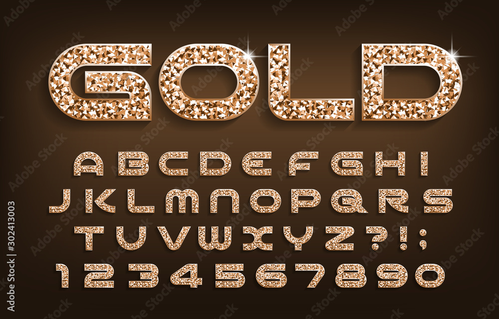 Fototapete gold alphabet font. golden glitter modern letters and numbers with shadow. stock vector typescript f