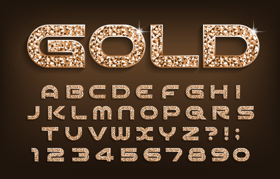 Gold alphabet font. Golden glitter modern letters and numbers with shadow. Stock vector typescript for your design.