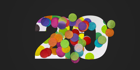 20 number twenty, graphic colorful digit and creative typography with many colourful wheels, confetti on black background.