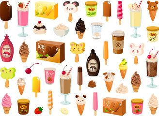 Vector illustration of various kinds of colorful ice creams and dairy food products and ice pops