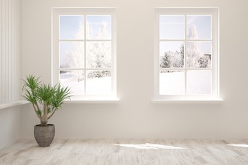 Mock up of empty room in white color with winter landscape in window. Scandinavian interior design. 3D illustration