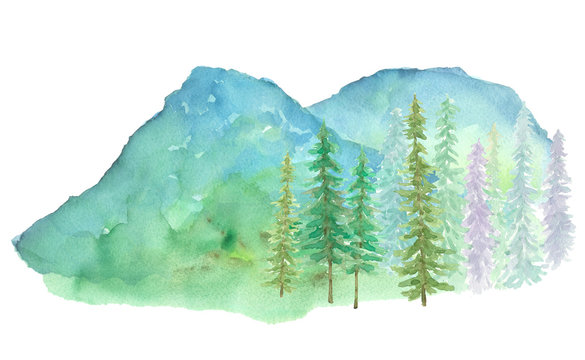 Mountain and pine trees landscape hand drawn watercolor painting isolated on white background illustration art