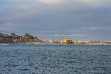 Obraz premium View of the abandoned Battery Prison and The Seaplane Harbour in Tallinn in winter. Estonia