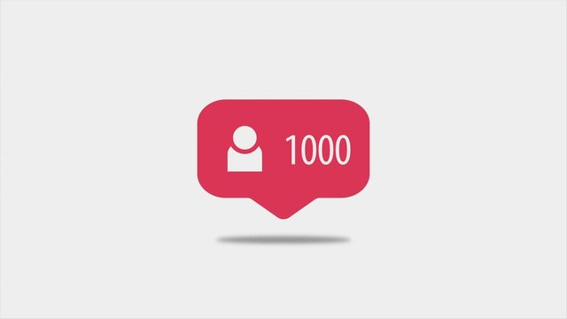 Video animation of red icon with counter of one thousand followers on white background. Social media activity counter