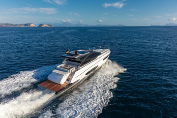 luxury motor yacht in navigation, aerial view