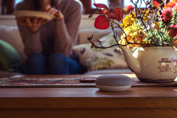 voice controlled smart speaker with a woman woman in the background in a interior home environment. Smart AI speaker concept 