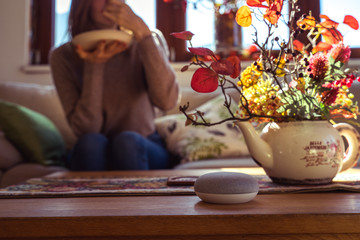 voice controlled smart speaker with a woman woman in the background in a interior home environment. Smart AI speaker concept 