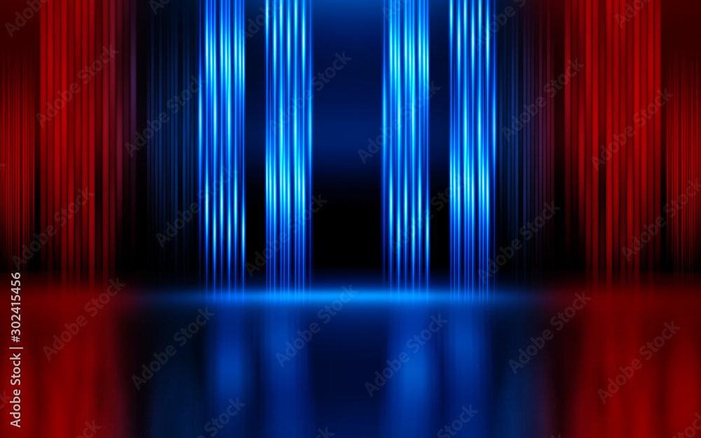 Aufkleber empty show scene background. reflection of a dark street on wet asphalt. rays of red and blue neon l