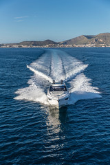 luxury motor yacht in navigation, aerial view