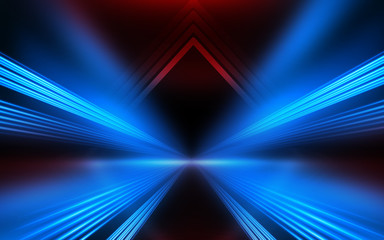 Empty show scene background. Reflection of a dark street on wet asphalt. Rays of red and blue neon...