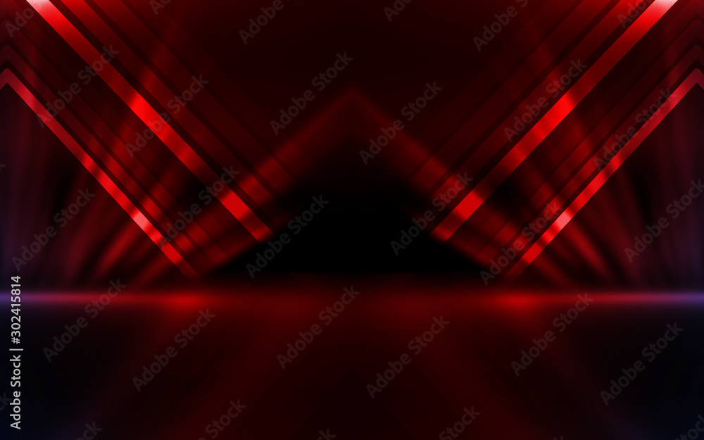 Poster Empty show scene background. Reflection of a dark street on wet asphalt. Rays of red neon light in the dark, neon shapes, smoke. Abstract dark background.