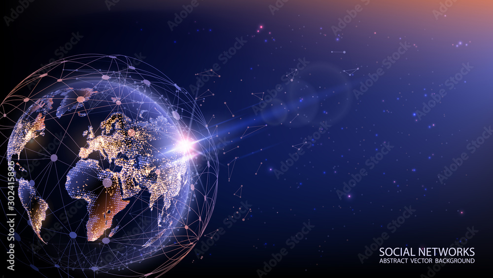 Poster planet earth from space. vector. flickering lights of cities. map of the mainland. global communicat