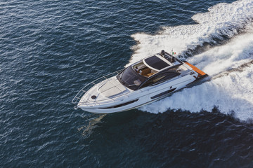 luxury motor yacht in navigation, aerial view