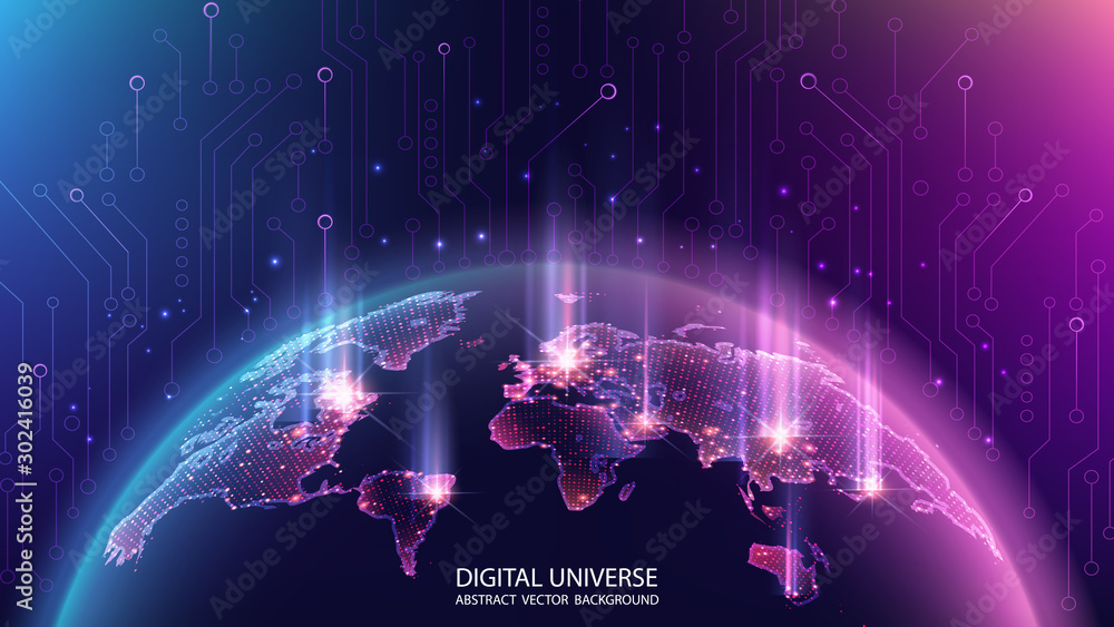 Poster map of the planet. world map. global social network. future. vector. violet and blue futuristic back