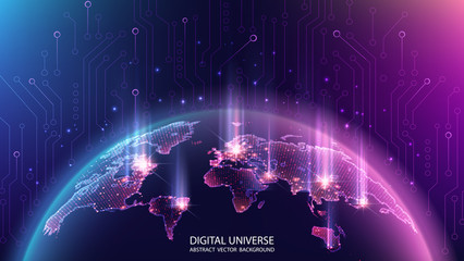 Map of the planet. World map. Global social network. Future. Vector. Violet and blue futuristic background with planet Earth. Internet and technology. Floating blue plexus geometric background.