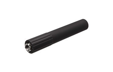 Black silencer for weapons. Suppressor that is at the end of an assault rifle.