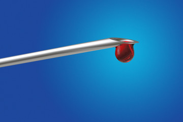 Macro view of drop of blood from needle syringe on blue background. Clipping path. 3d render illustration