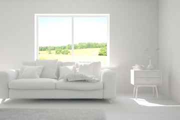 Mock up of stylish room in white color with sofa. Scandinavian interior design. 3D illustration