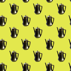 Seamless pattern on a yellow background silver-plated kettle. Contrast, isometric style, square, trend.