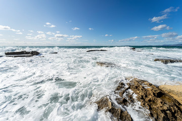 Water in the form of waves of the Mediterranean Sea on the Island of Mallorca, Spain