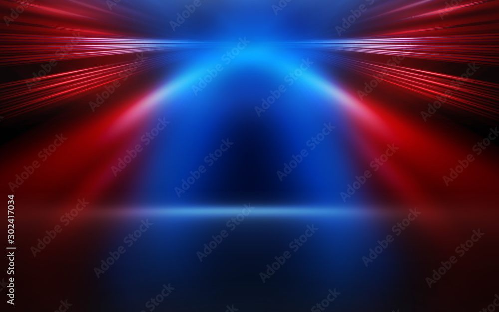 Aufkleber Empty show scene background. Reflection of a dark street on wet asphalt. Rays of red and blue neon light in the dark, neon shapes, smoke. Abstract dark background.