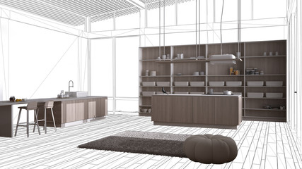 Modern wooden kitchen with island in contemporary luxury apartment, interior design concept idea, black ink sketch blueprint in the background, minimalist furniture project draft idea