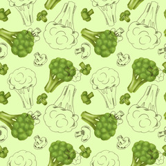 Seamless pattern with broccoli, hand drawn in sketch style on a green background