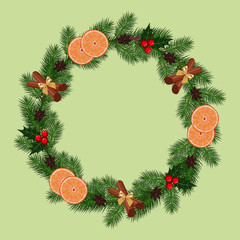 Fototapeta na wymiar Vector image of a wreath of fir branches. Christmas wreath decorated with oranges, cinnamon, anise, berries.