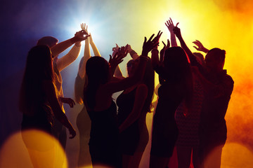Wild. A crowd of people in silhouette raises their hands on dancefloor on neon light background....