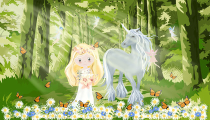 Fantasy cute cartoon of cute princess with little fairies flying and playing with white unicorn in magic forest in spring or summer, Vector kawaii cartoon bed time story for kids © Anchalee