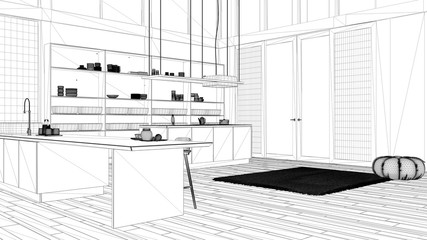 Blueprint project draft, modern kitchen with double island, stools, carpet and accessories, parquet, corrugated sheet roof, panoramic windows, minimalist interior design