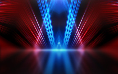 Empty show scene background. Reflection of a dark street on wet asphalt. Rays of red and blue neon...