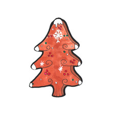 Watercolor holiday gingerbread tree. Original watercolor. Hand painting. Christmas illustration for greeting cards, invitations, and other printing projects. Isolated