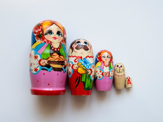 Four colorful wooden matryoshka. Russian folk toys and souvenirs