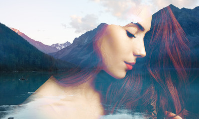 Double exposure of young woman and nature landscape.