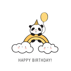 Happy Birthday card. Hand drawn panda with a balloon on a rainbow and clouds. Vector illustration.