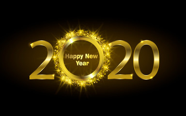 Happy new year 2020 greeting card or poster with gold glitter and shine. Vector illustration EPS 10.