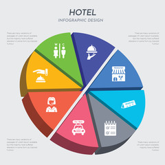 hotel concept 3d chart infographics design included reception bell, receptionist, rent a car, reservation, reserved, restaurant, restaurant tray, restroom icons